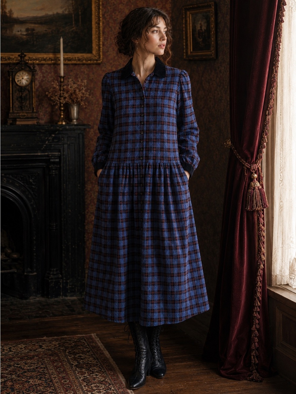 Vintage Lanz Originals Prairie Dress Blue Plaid Corduroy Cottagecore Modest